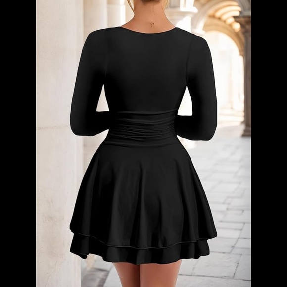 Women's Tight Flare A-Line Square Neck Long Sleeve Ruffle Hem Mini Dress - Picture 2 of 8